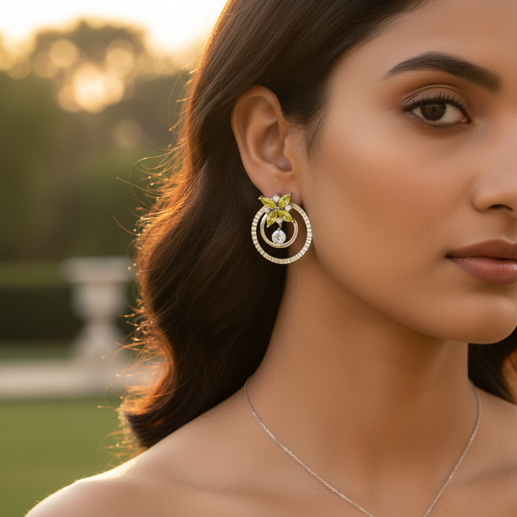 Silver Flower Earrings & Pendant Set | Yellow Gemstone Jewelry