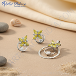 Load image into Gallery viewer, Silver Flower Earrings &amp; Pendant Set | Yellow Gemstone Jewelry
