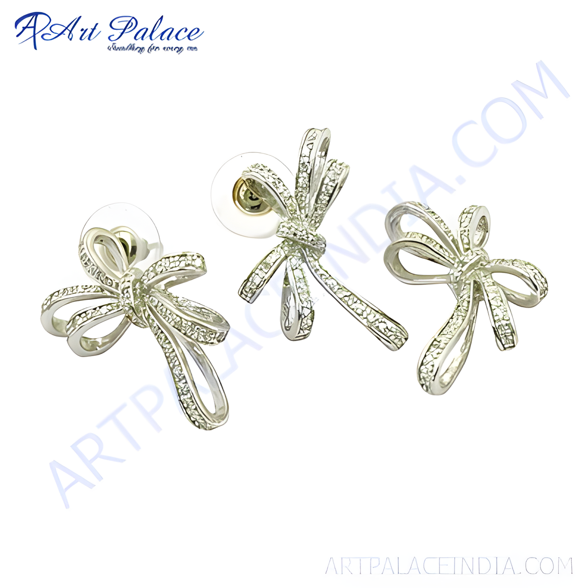Silver bow stud earrings with sparkling cubic zirconia stones, perfect for women