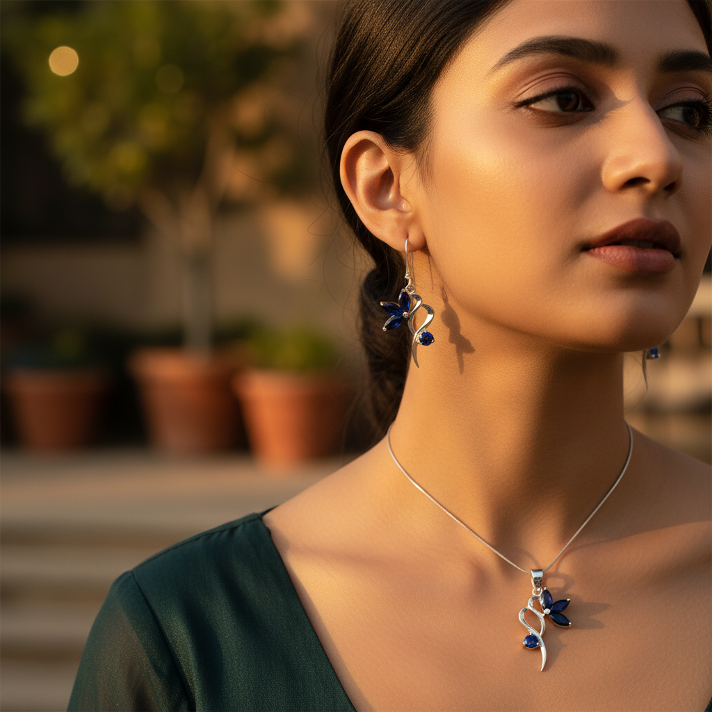 925 Silver Blue Sapphire Flower Earrings & Pendant Set