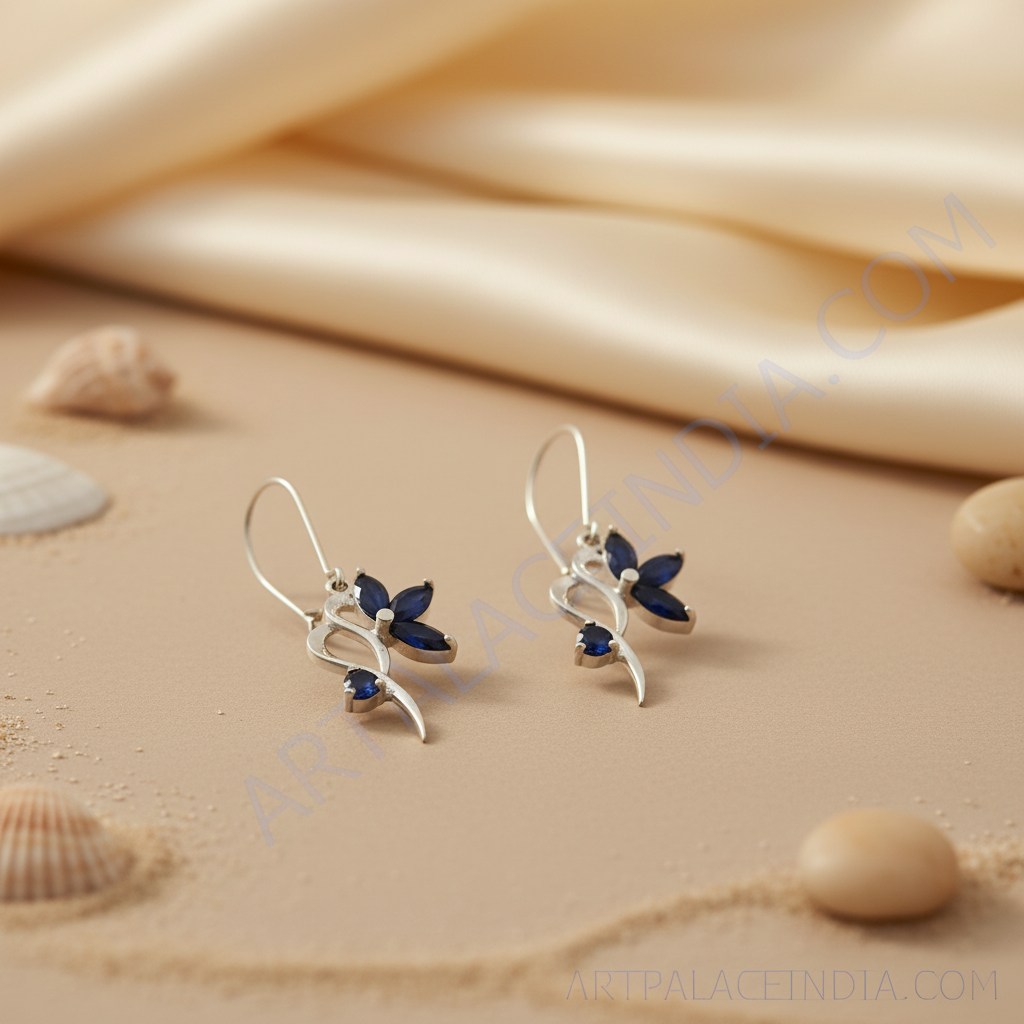 925 silver blue sapphire flower earrings & pendant set