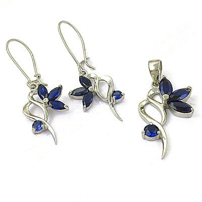 925 Silver Blue Sapphire Flower Earrings & Pendant Set