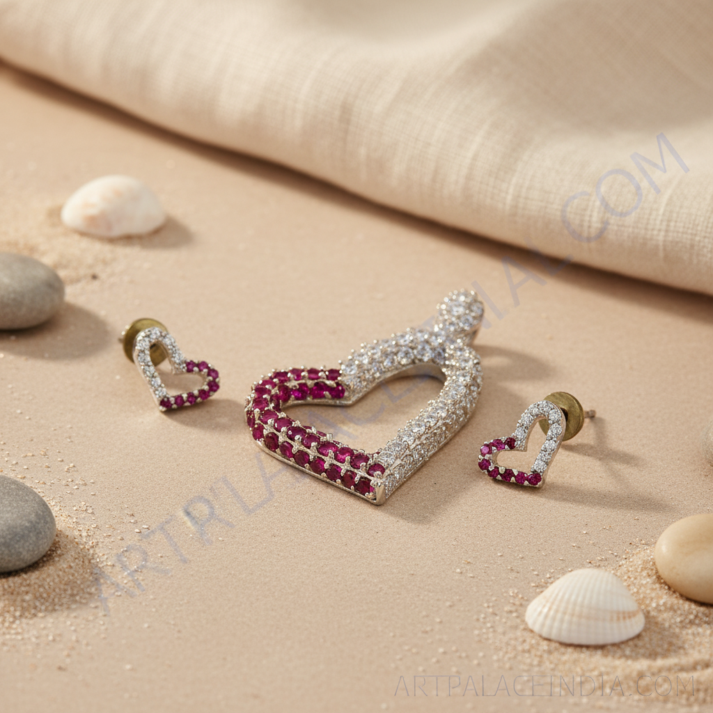 Silver Heart Ruby Stud Earrings & Pendant Set | Gift for Her