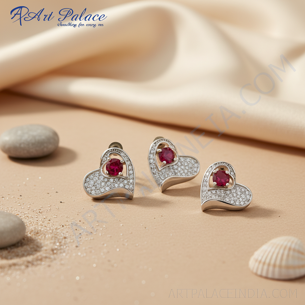 Silver Heart Ruby Stud Earrings for Women | Gift Jewelry
