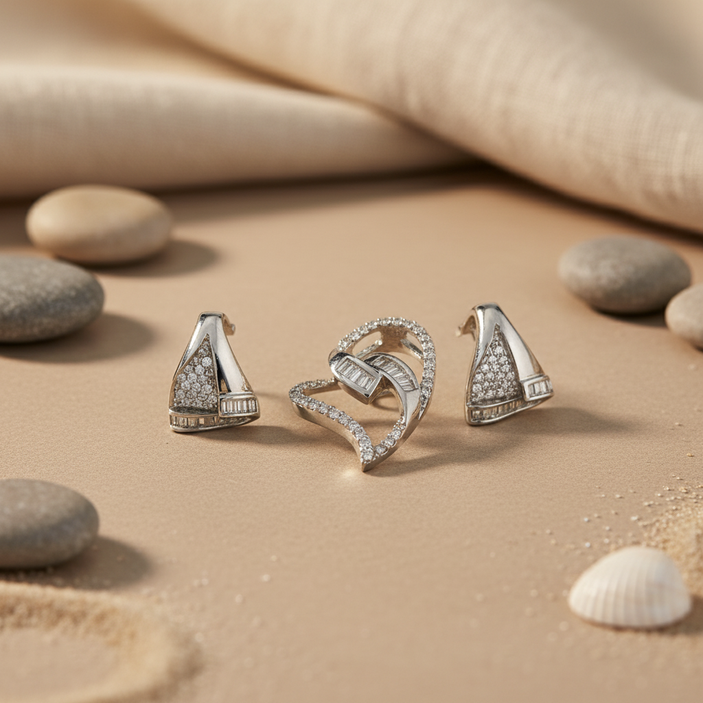 Silver Heart Pendant Earrings Set | Women's Diamond Jewelry