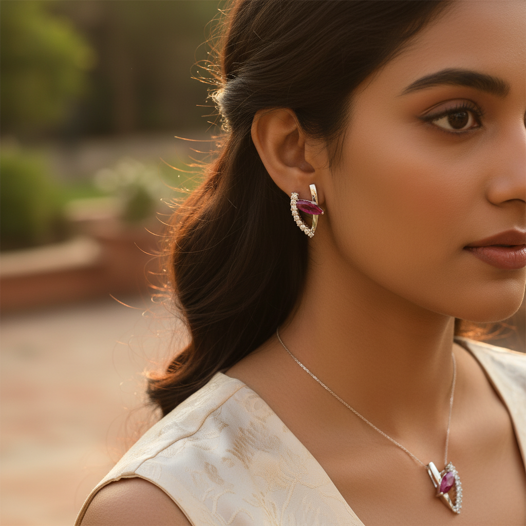 Silver ruby earrings and pendant set | women's jewelry gift