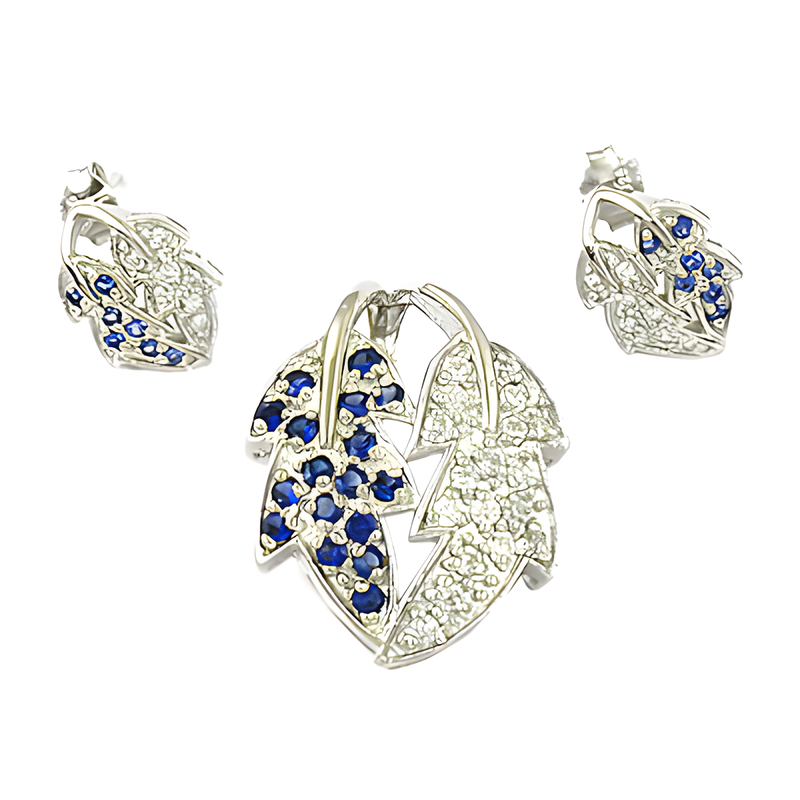 Leaf Style Blue & White CZ Sterling Silver Pendant Set