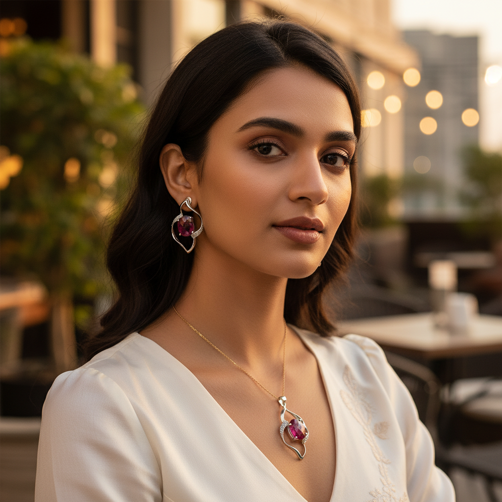 Ruby Jewelry Set: Silver Pendant & Earrings | Women's Gift