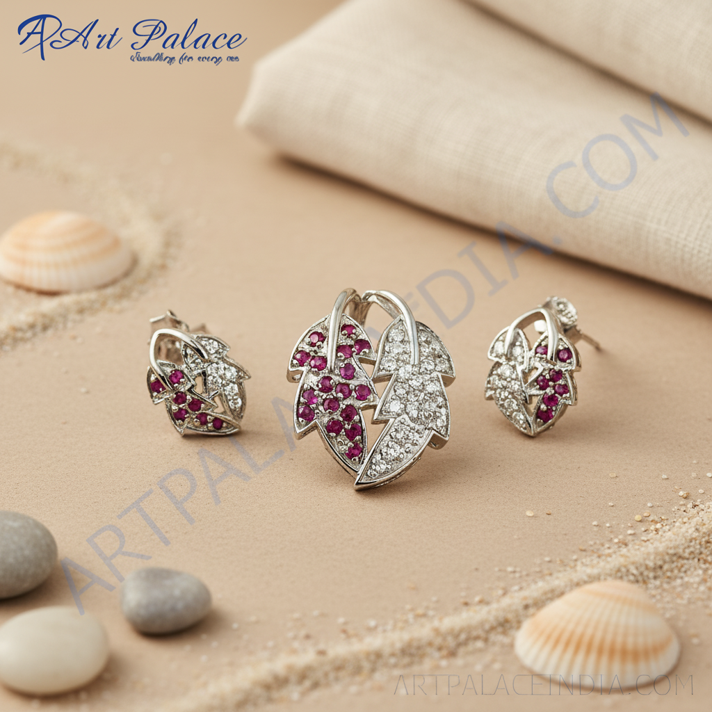 Silver Ruby Leaf Earrings & Pendant Set | Women's Jewelry Gift