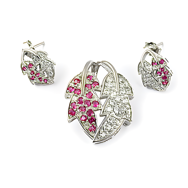 Gracious Fashion Leaf Design Pink Cz & CZ Silver Gemstone Pendant Set