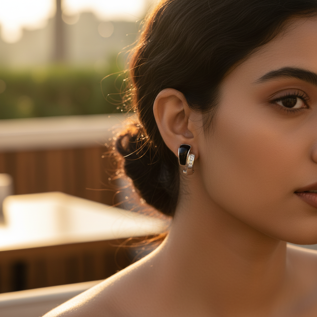 Silver onyx & baguette diamond earrings for women