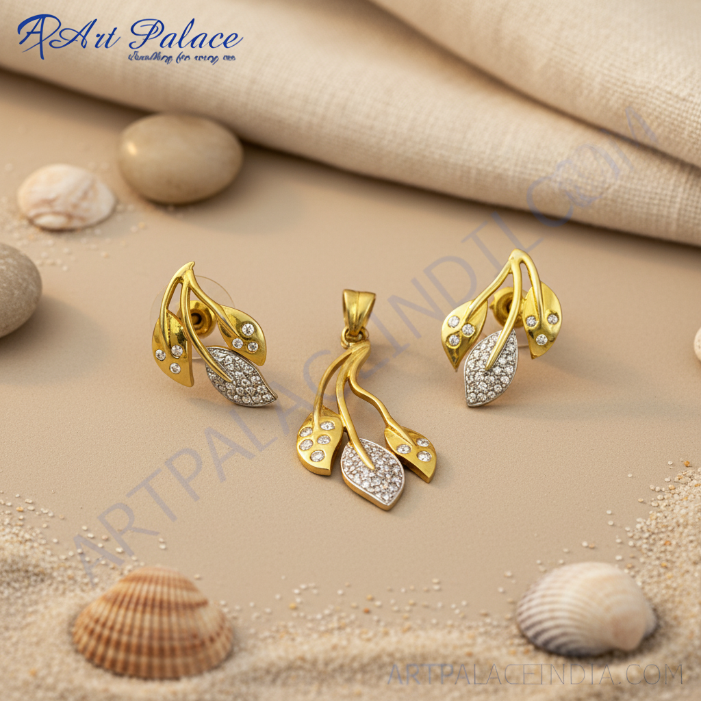 Gold plating leaf jewelry set with cz stones | women's fashion