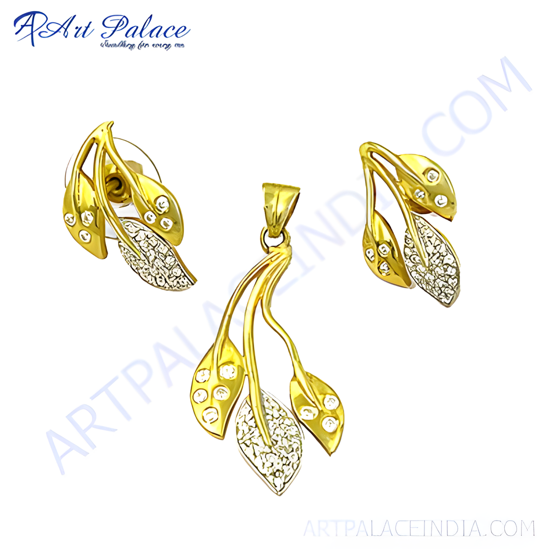 gold plating leaf jewelry set featuring a pendant and earrings with CZ stones.