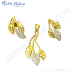 Load image into Gallery viewer, gold plating leaf jewelry set featuring a pendant and earrings with CZ stones.
