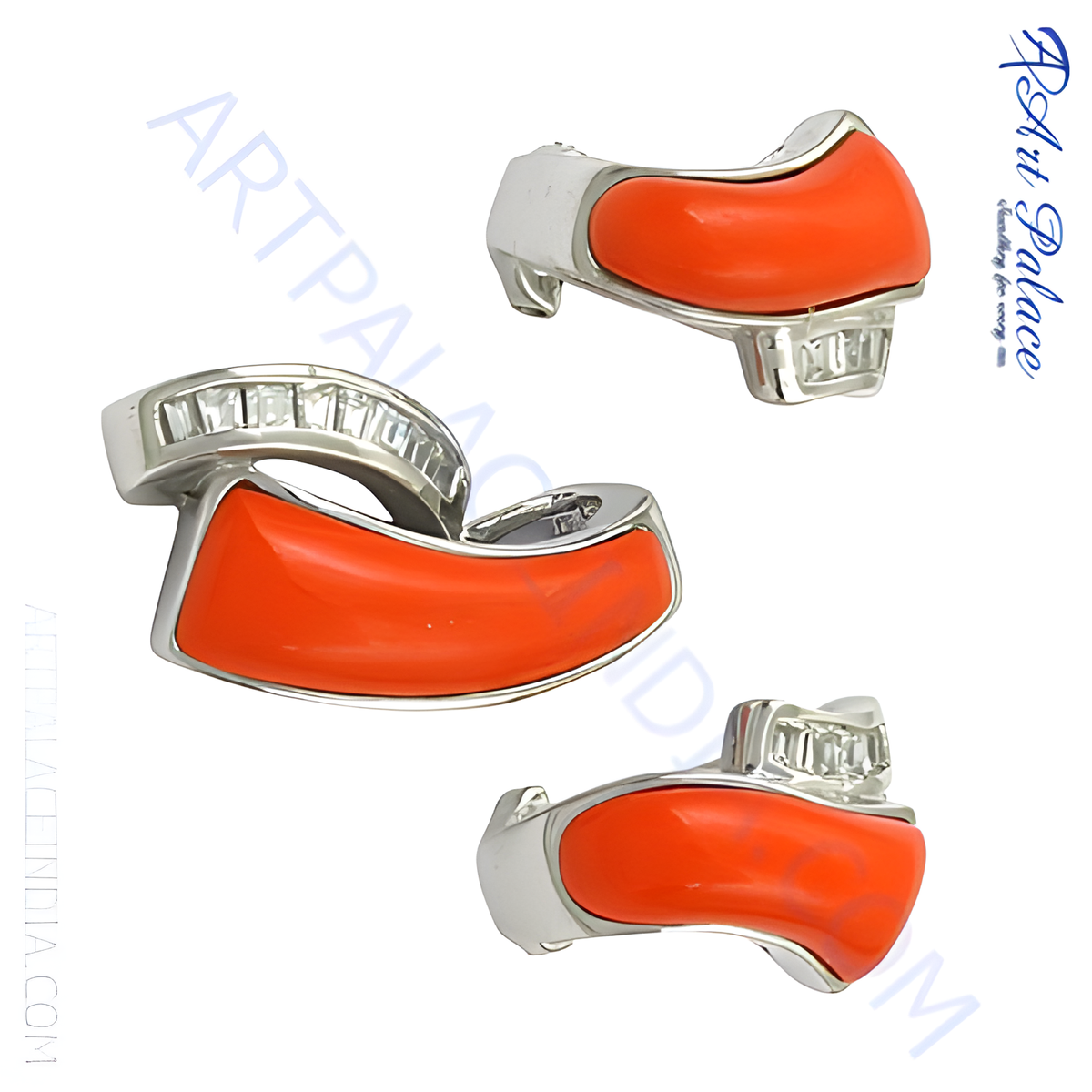Silver ring with bright orange coral inlay for women