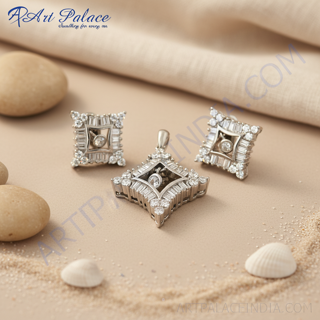 Silver Diamond Pendant & Earrings Set for Women | Gift Jewelry