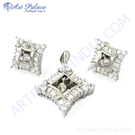 Load image into Gallery viewer, Silver diamond pendant and earrings set, featuring a square design with a central diamond stone and surrounding small diamonds.
