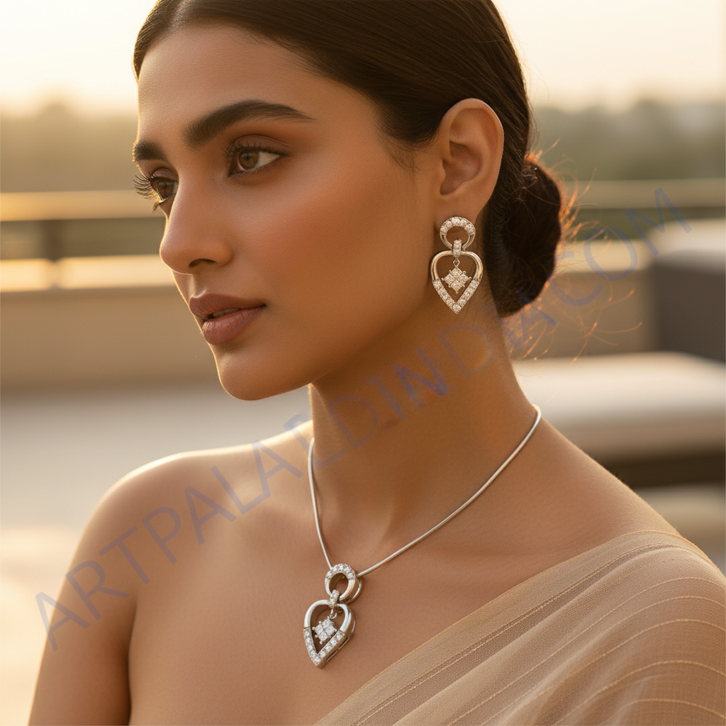 Silver diamond pendant & earring set for women | gift jewelry