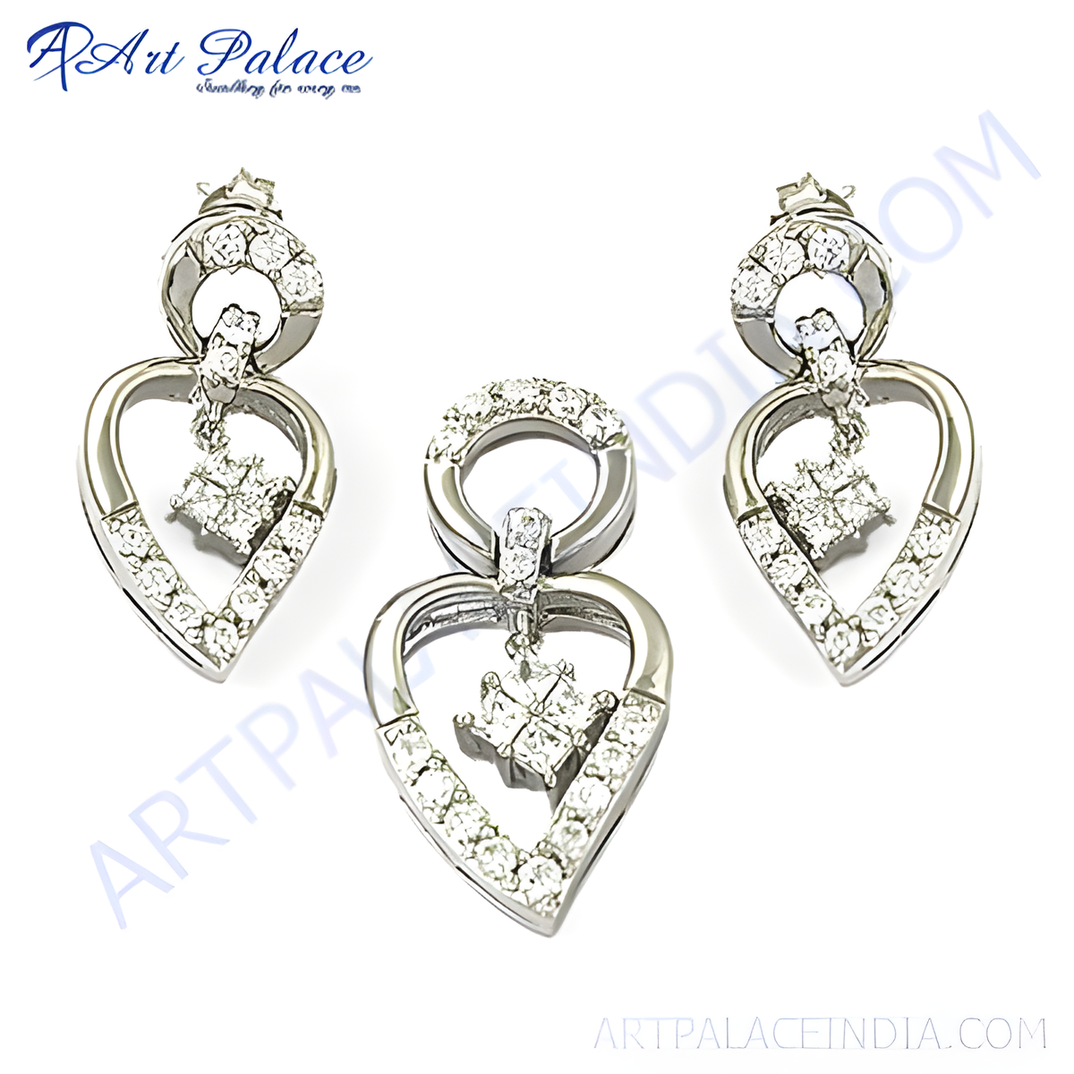 Sterling silver pendant and earring set featuring heart shaped design and diamond accents for women