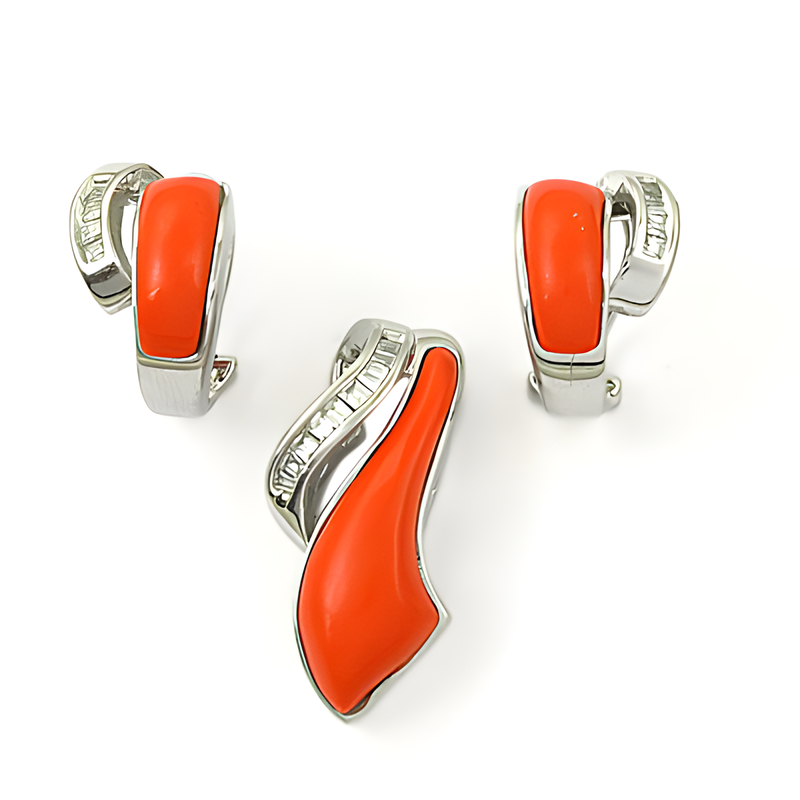 New Design Synthetic Coral & CZ Gemstone Silver Pendant Set