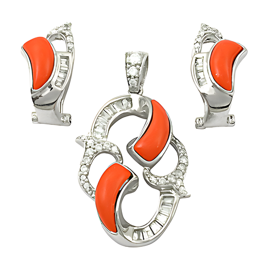 Ingenious Orange Coral & Cubic Zirconia Gemstone Silver Pendant Set