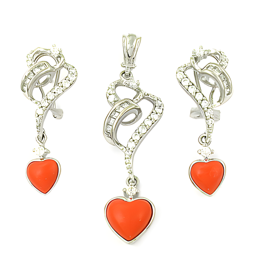 Most Popular Sterling Silver Cubic Zirconia & Synthetic Coral Pendant Set