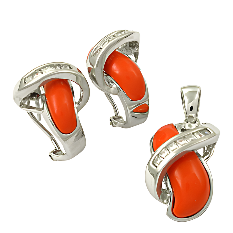 Top Quality Synthetic Coral & Cubic Zirconia Gemstone Silver Pendant Set