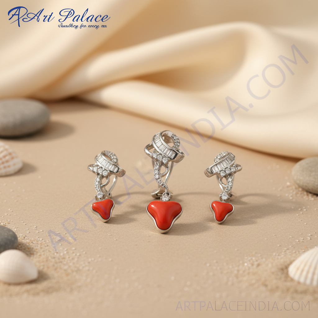 Silver Coral Earring Set for Women | Dangle Earrings | Gift