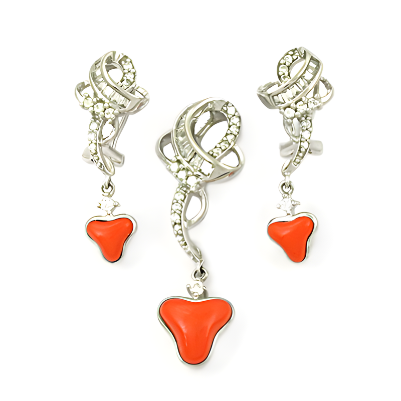 Most Fashionable Synthetic Coral & CZ Gemstone Silver Pendant Set