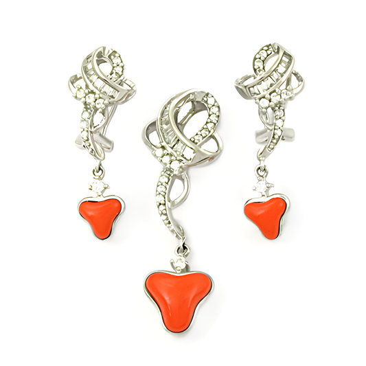 Most Fashionable Synthetic Coral & CZ Gemstone Silver Pendant Set