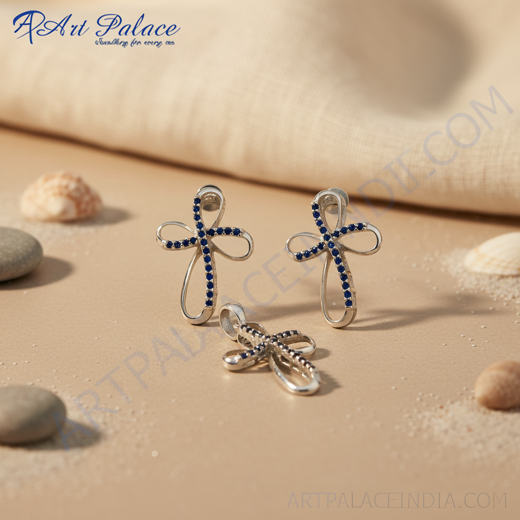 925 Silver Blue Sapphire Cross Pendant Set for Women