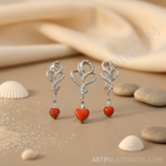 Load image into Gallery viewer, Silver Heart Pendant Earrings Set with Red Coral | Women&#39;s Jewelry
