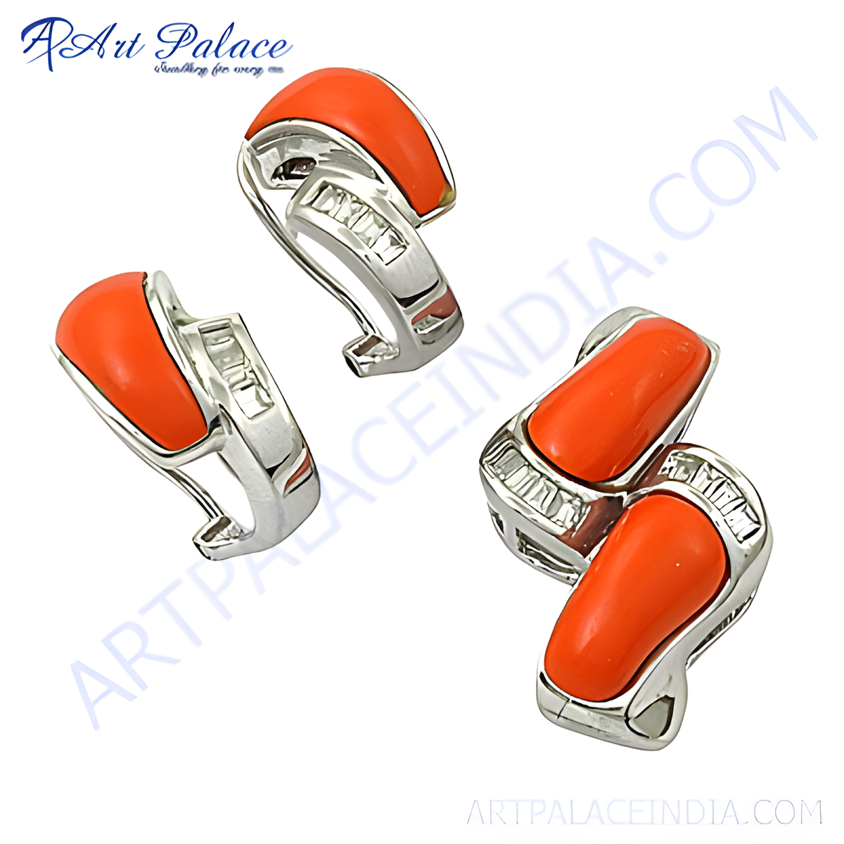Silver stud earrings with vibrant orange coral stones and sparkling cubic zirconia accents