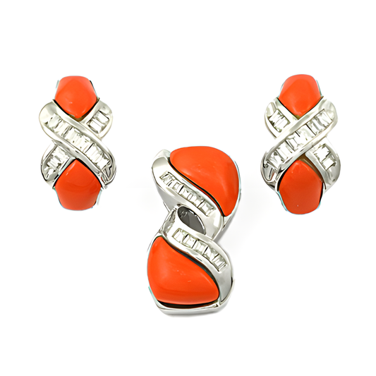 Hand Created CZ & Synthetic Coral Silver Gemstone Pendant Set