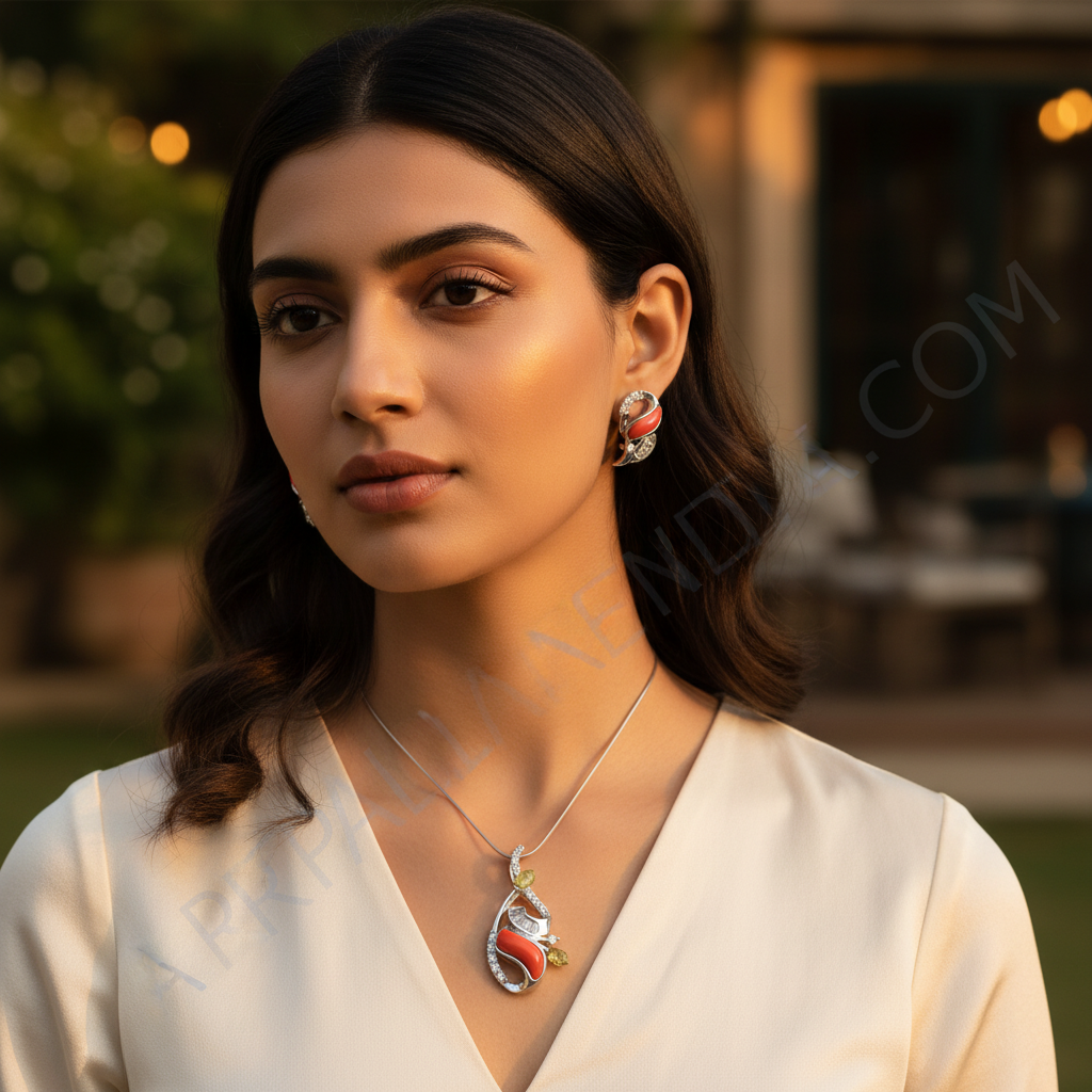 Silver Coral Gemstone Pendant Earrings Set for Women