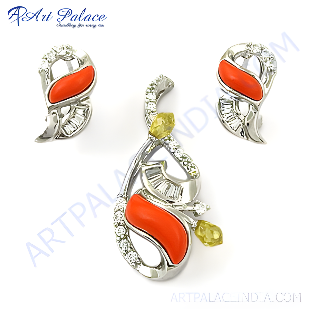 Silver pendant and matching earrings set with red coral gemstones and cubic zirconia accents