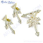 Load image into Gallery viewer, gold plating-tone crystal arrow earrings and brooch set, perfect for special occasions. Features sparkling crystal accents.
