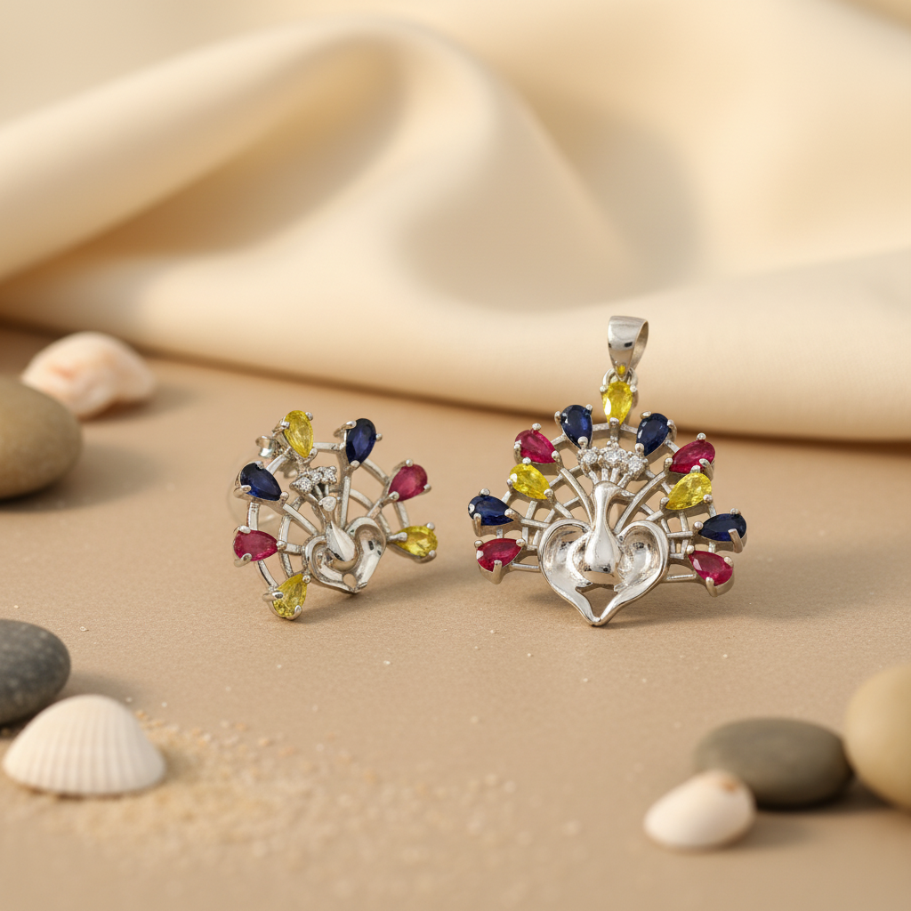 925 Silver Multi-Gemstone Peacock Set | Earrings & Pendant