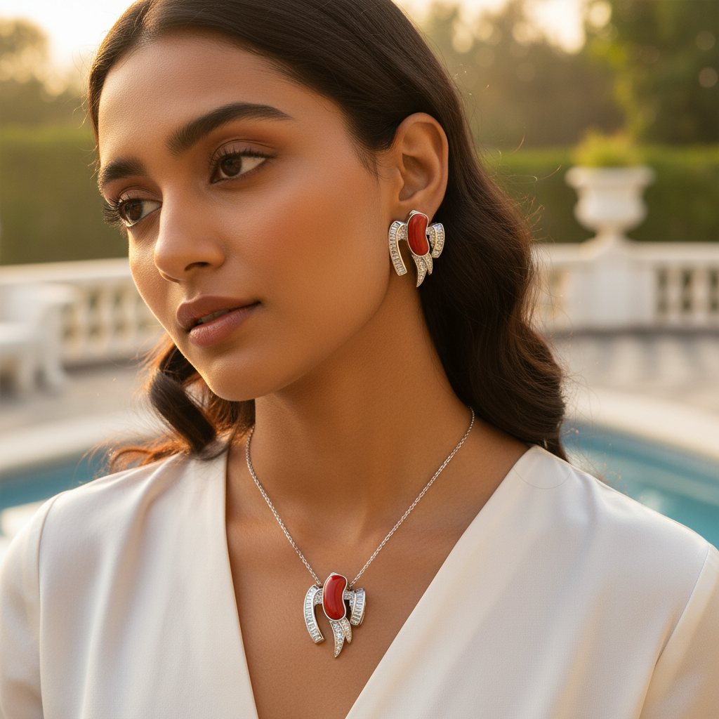 Silver Coral Jewelry Set | Sterling Silver Earrings & Pendant