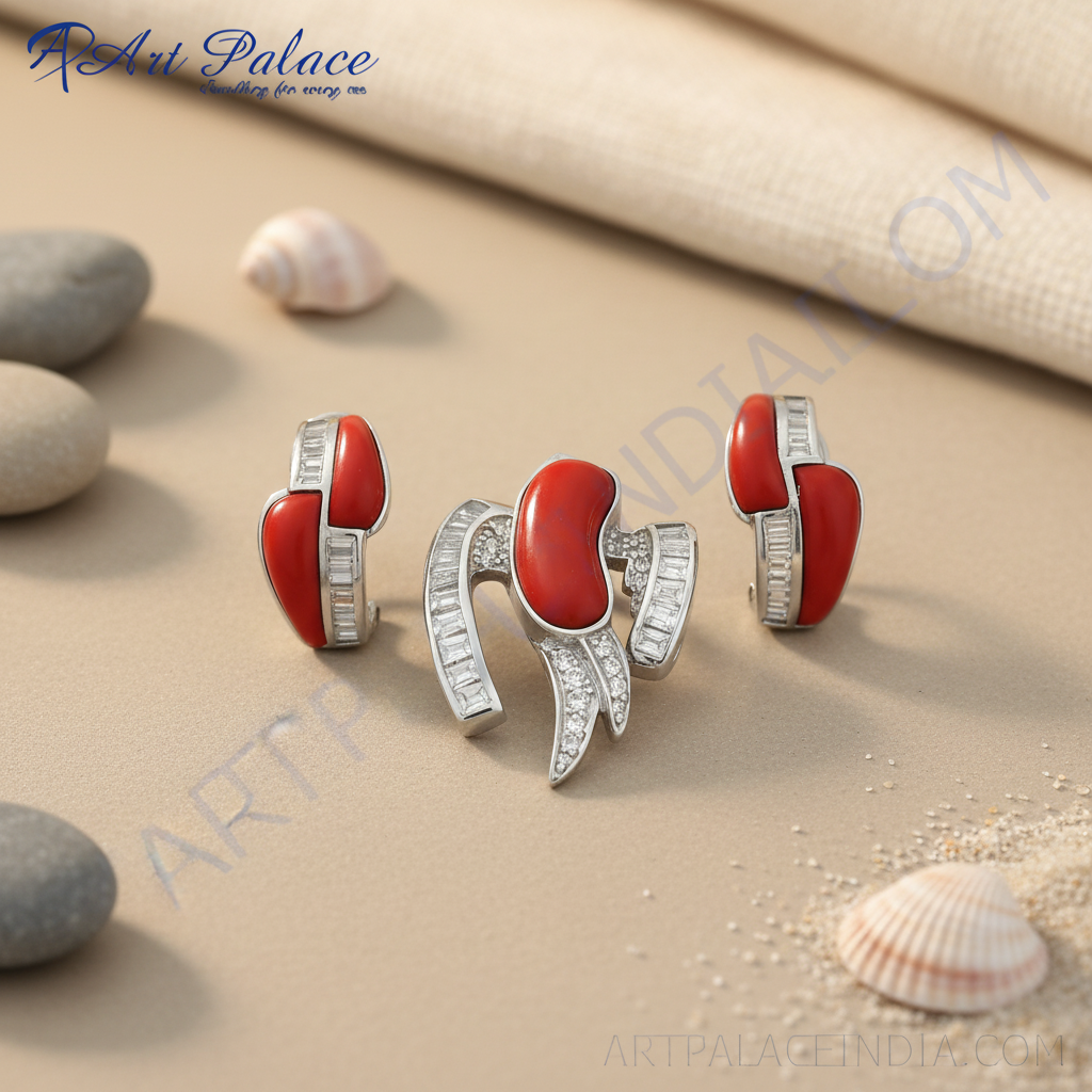 Silver coral jewelry set | sterling silver earrings & pendant