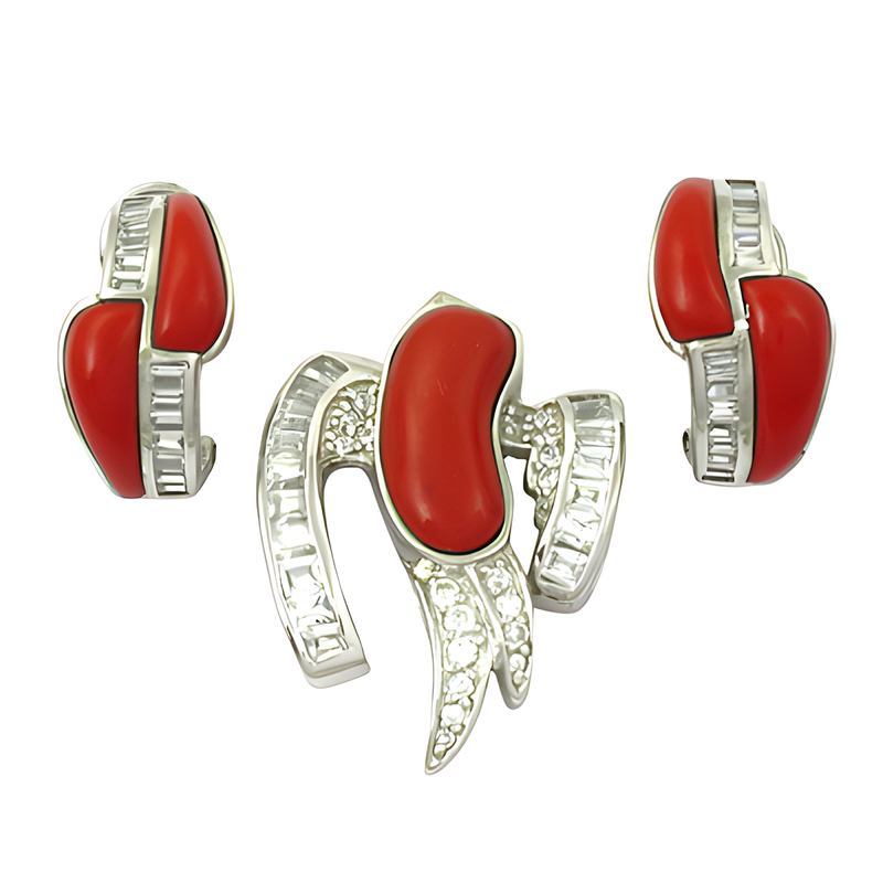 Popular Design CZ & Synthetic Coral Gemstone Silver Pendant Set