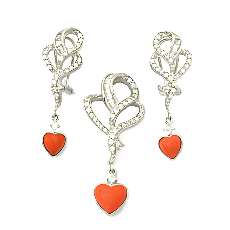 Bold & Beautiful Cubic Zirconia & Synthetic Coral Silver Pendant Set