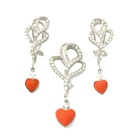 Bold & Beautiful Cubic Zirconia & Synthetic Coral Silver Pendant Set