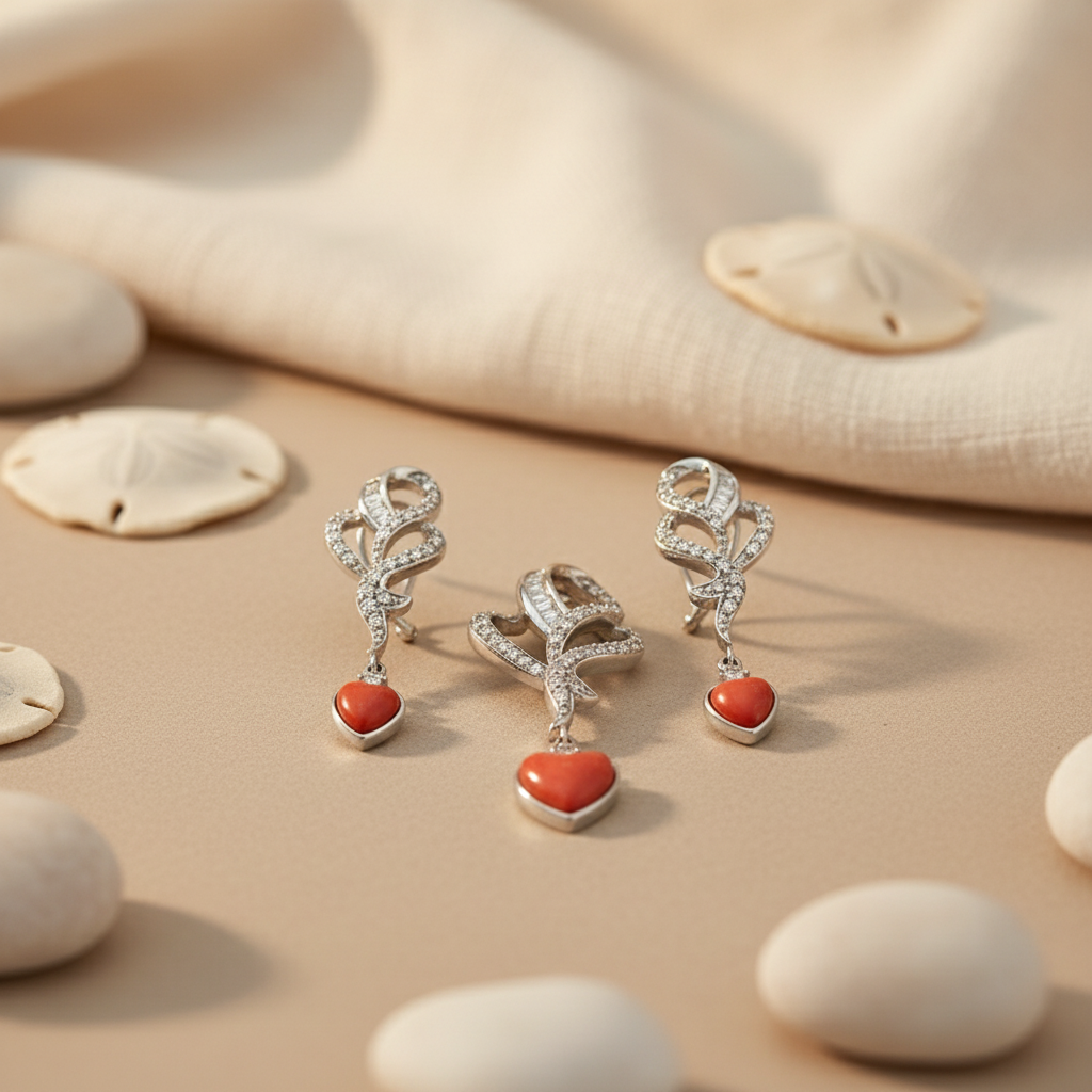 Silver Heart Pendant Earrings Set | Coral Gemstone Jewelry