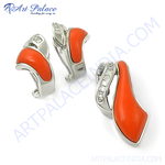 Load image into Gallery viewer, Silver drop earrings with vibrant orange coral gemstones. Contemporary women&#39;s jewelry.
