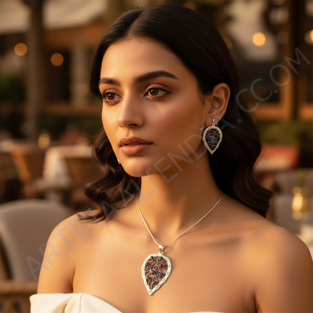 925 Silver Garnet Leaf Pendant & Earrings Set for Women