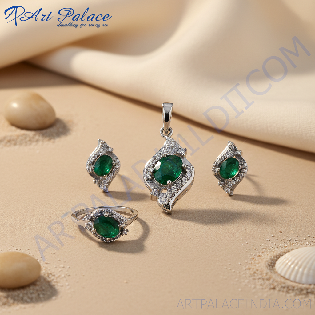 925 silver emerald jewelry set | women's gift | emerald earrings & pendant