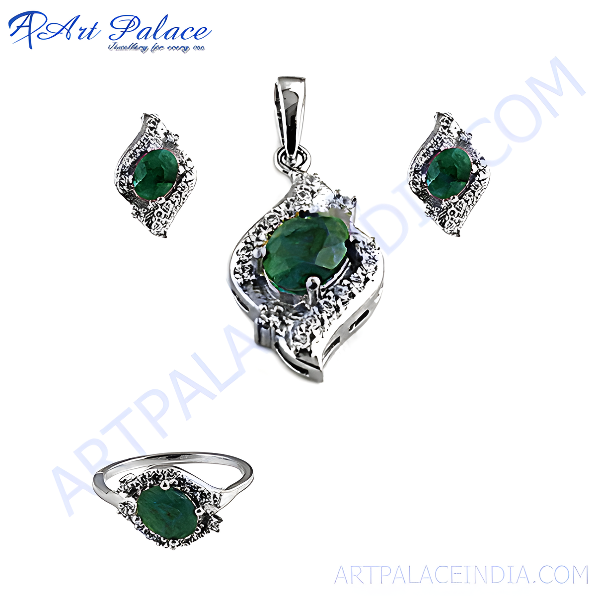 Sterling silver emerald jewelry set featuring a pendant, earrings, and ring with green gemstone centers