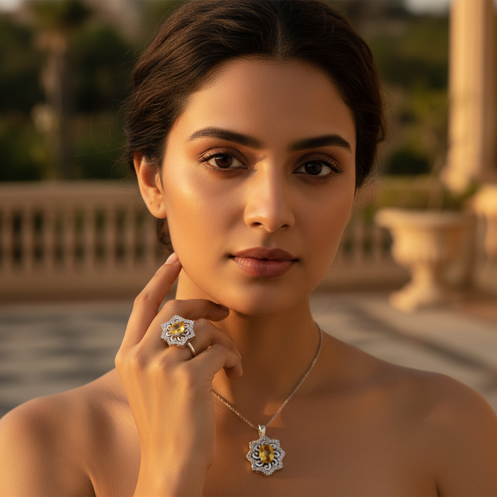 Citrine Gemstone Jewelry Set | 925 Silver Ring, Pendant & Earrings
