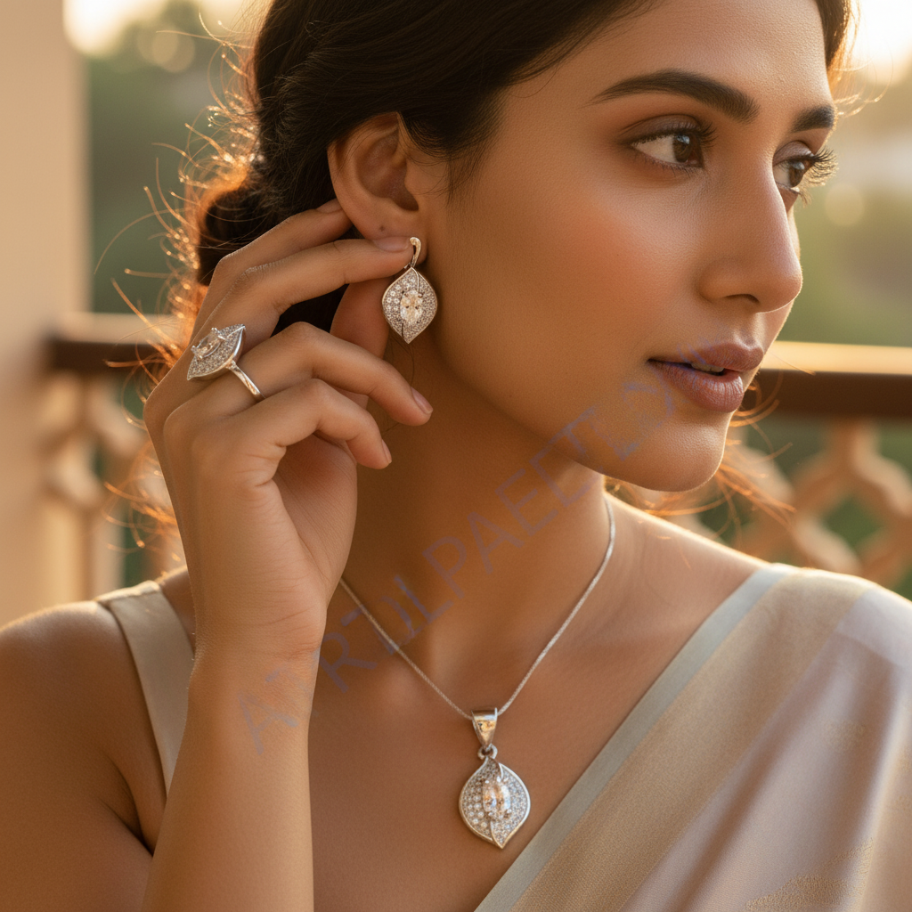 Silver Leaf Jewelry Set - Earrings, Pendant & Ring | Gift for Her